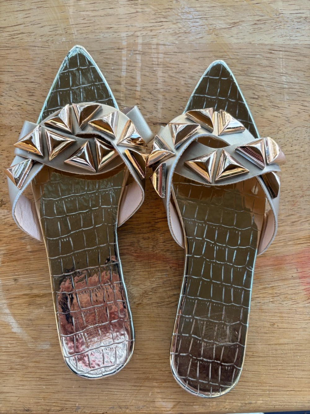 Gold Croc-Embossed Slide Sandals with Metallic Pyramid Studs